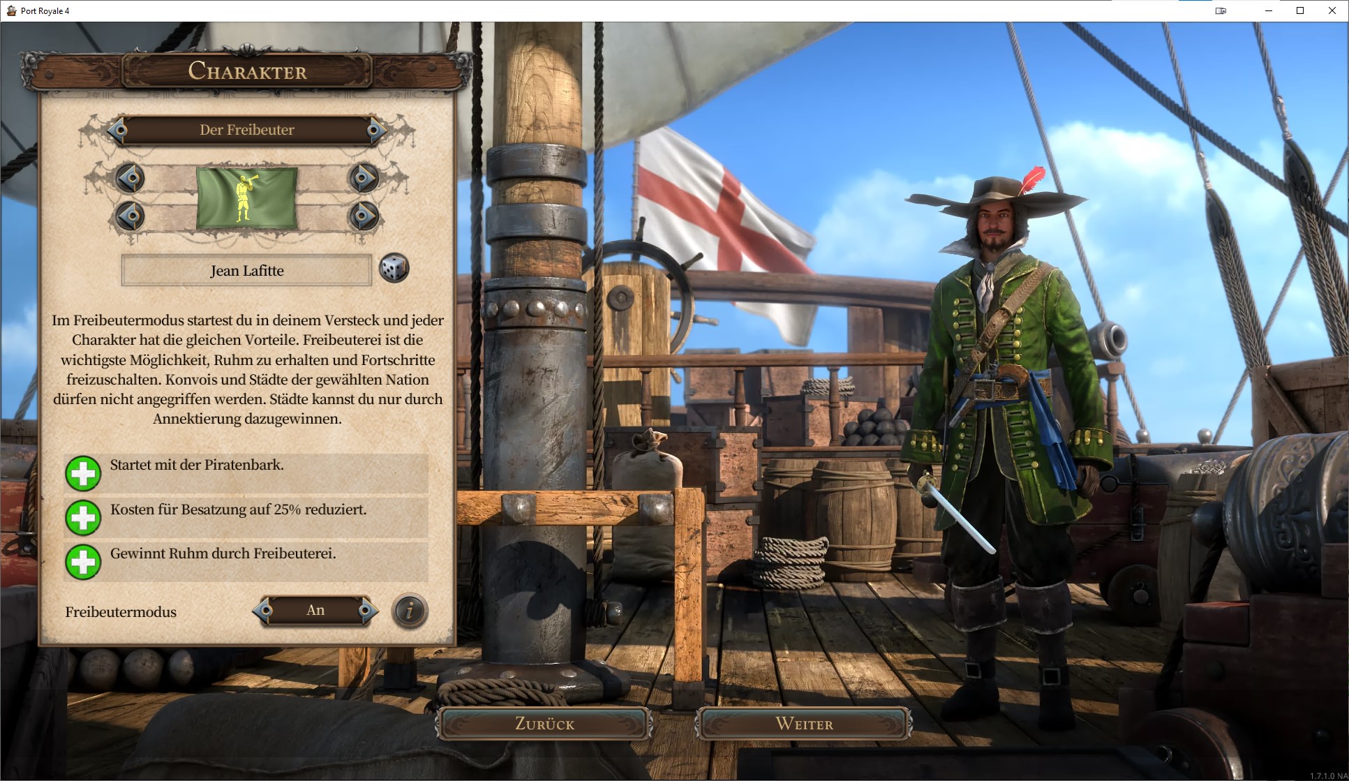 Screenshot: Port Royale 4 Character Selection with Buccaneer option