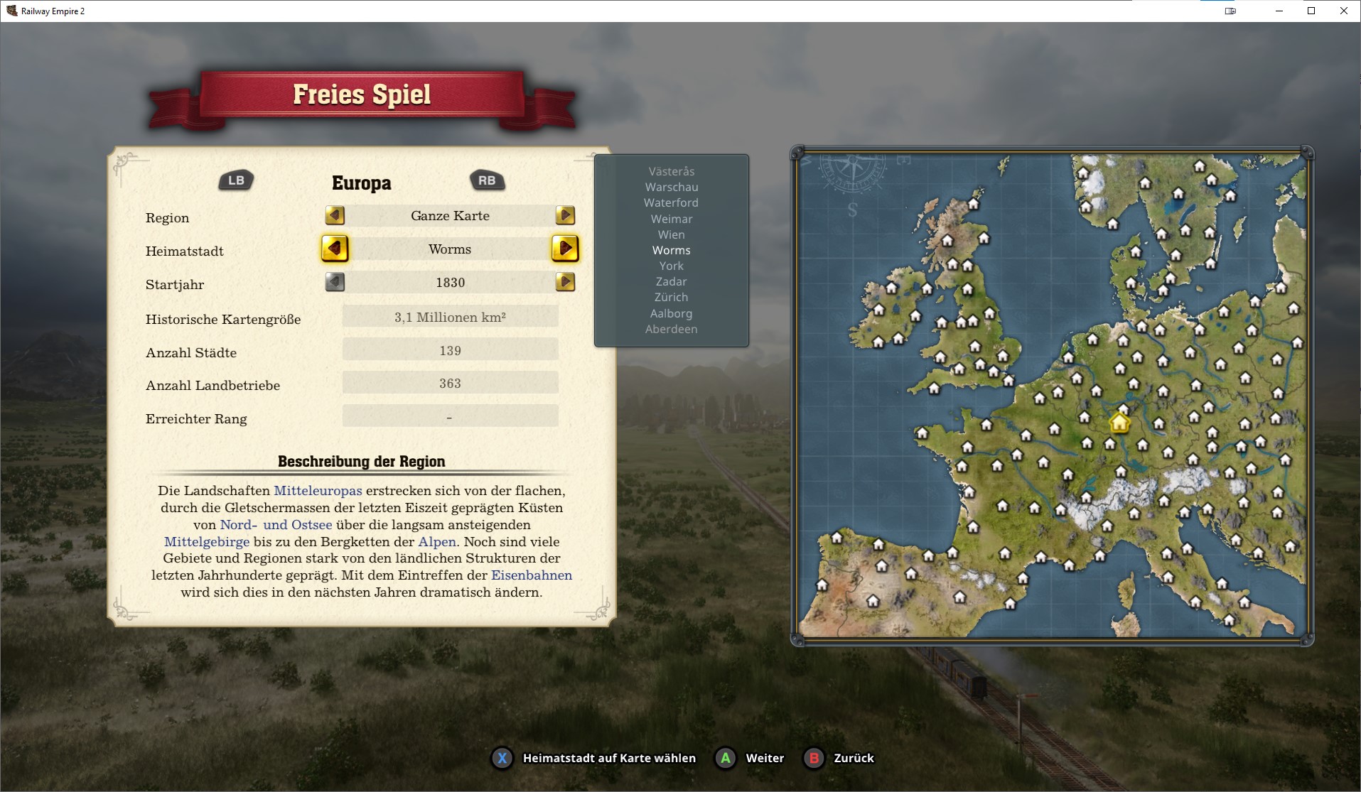Screenshot: Railway Empire 2 Mapselect screen